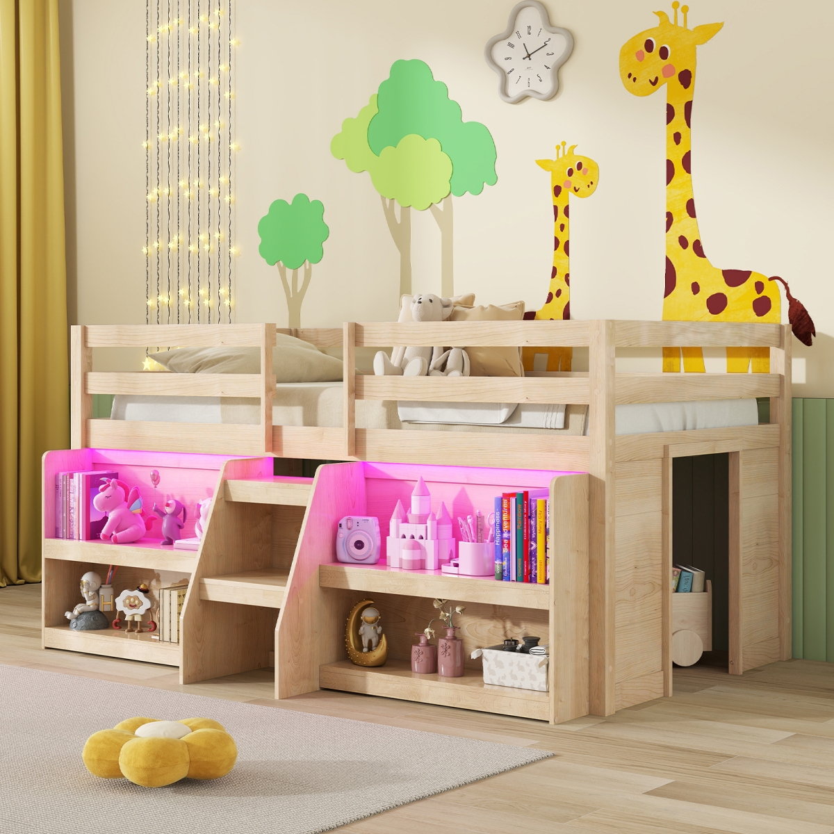 HU10769NA Loft Bed with LED Lights with Staircase & Safety Guardrail, Natural - Twin Size
