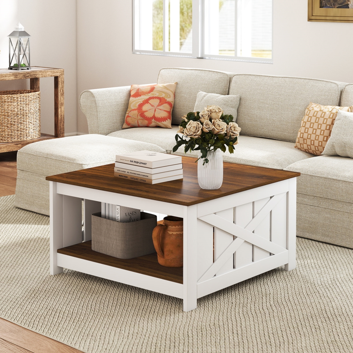HV10765WH 31 in. Farmhouse Square Coffee Table with Storage Shelf, White