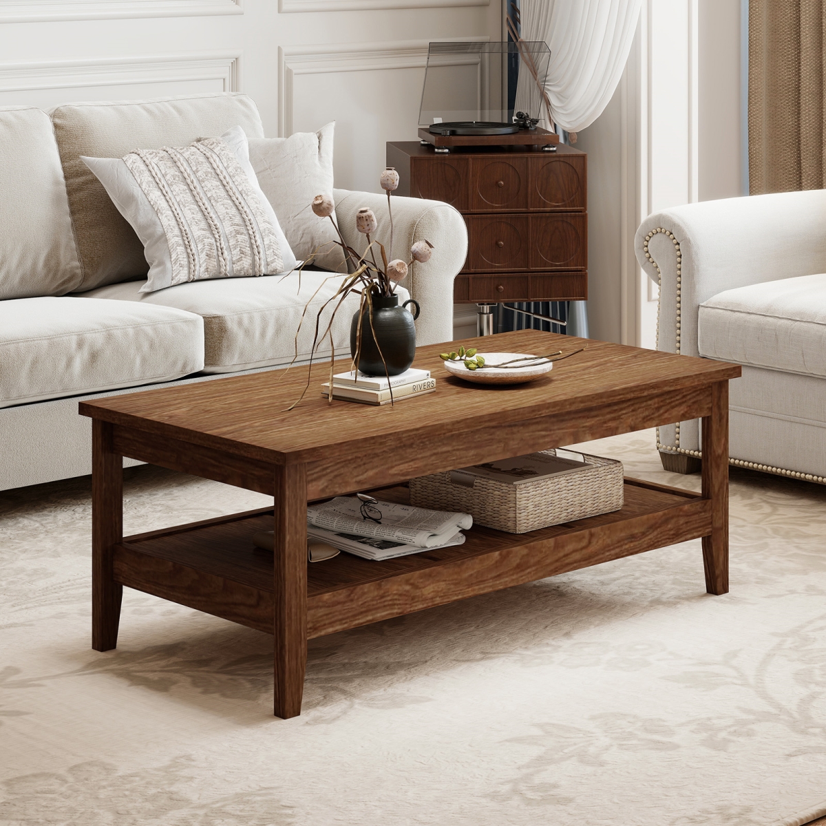 HV10849WL Farmhouse Coffee Table - Rustic Cocktail Center Table with Thickened Tabletop, Walnut
