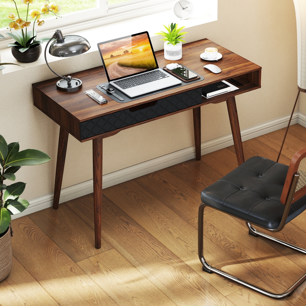 CB11049BN Mid-Century Modern Computer Desk with Drawer & Open Compartment, Brown