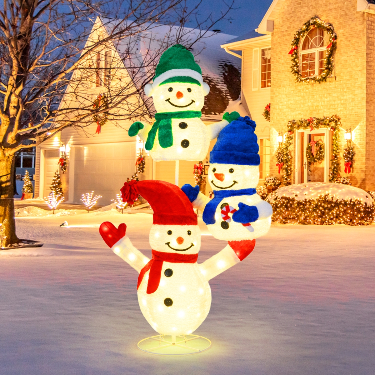 CM25109US 5 ft. Stacked Snowman Lighted Christmas Decoration with 110 LED Lights, White