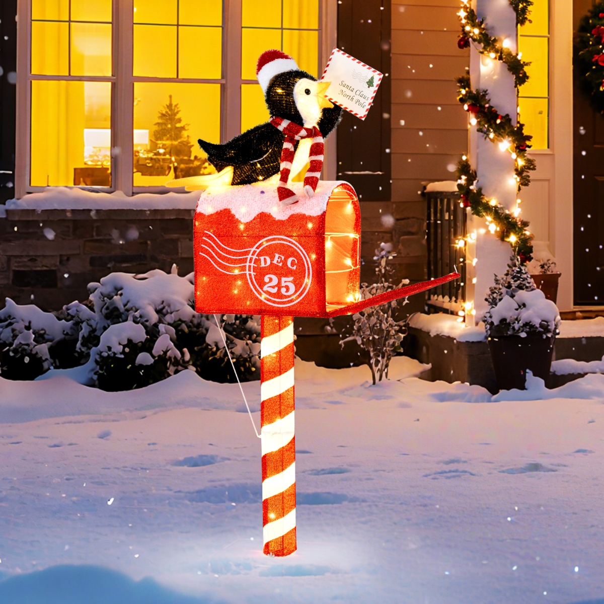 CM25110US 4.8 ft. Christmas Lighted Penguin on Mailbox Pre-Lit Xmas Decoration with 100 LED Warm White Lights, Multi Color