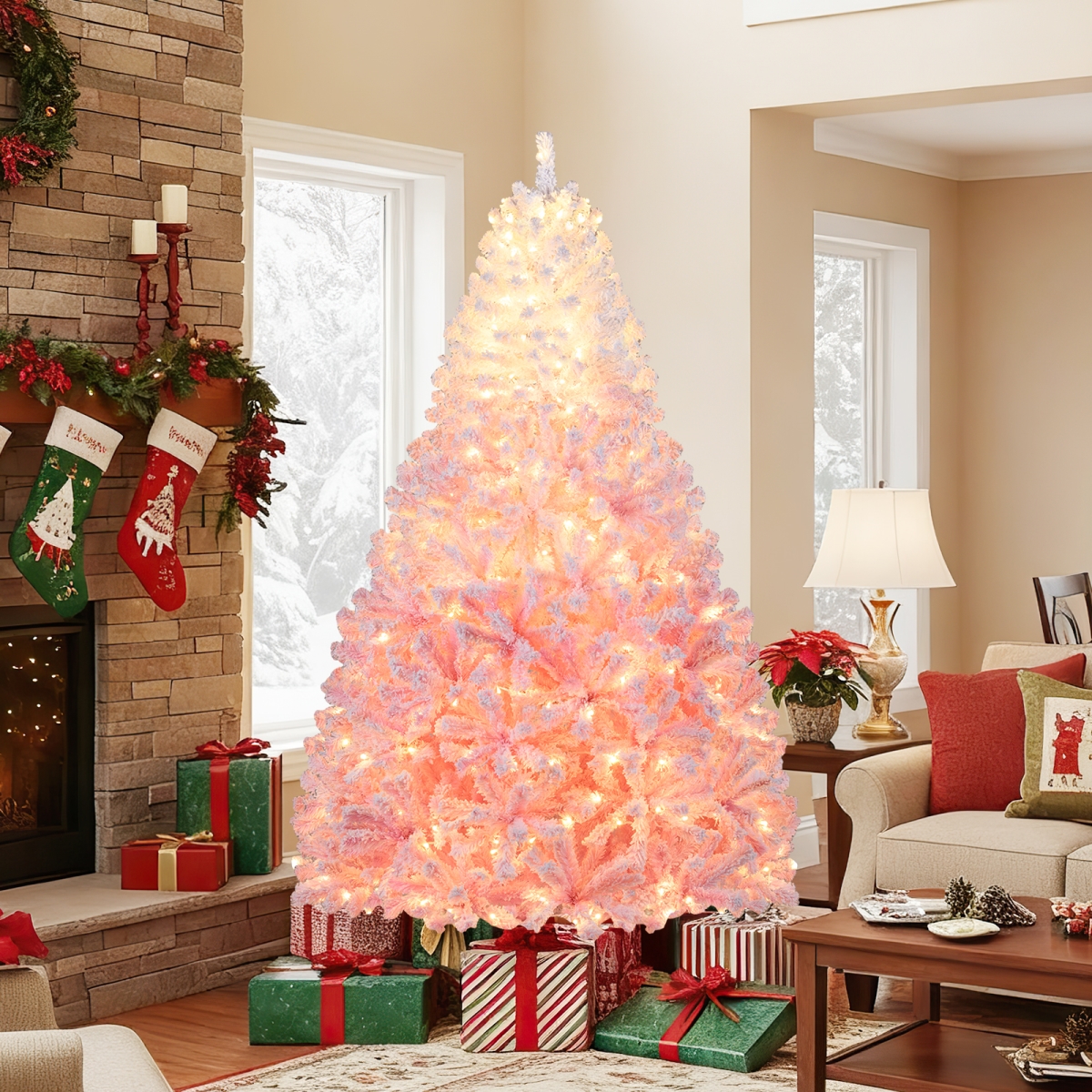 CM25171US-PI7 7 ft. Artificial Christmas Tree with Warm LED Lights & 8 Modes for Holiday, White & Pink