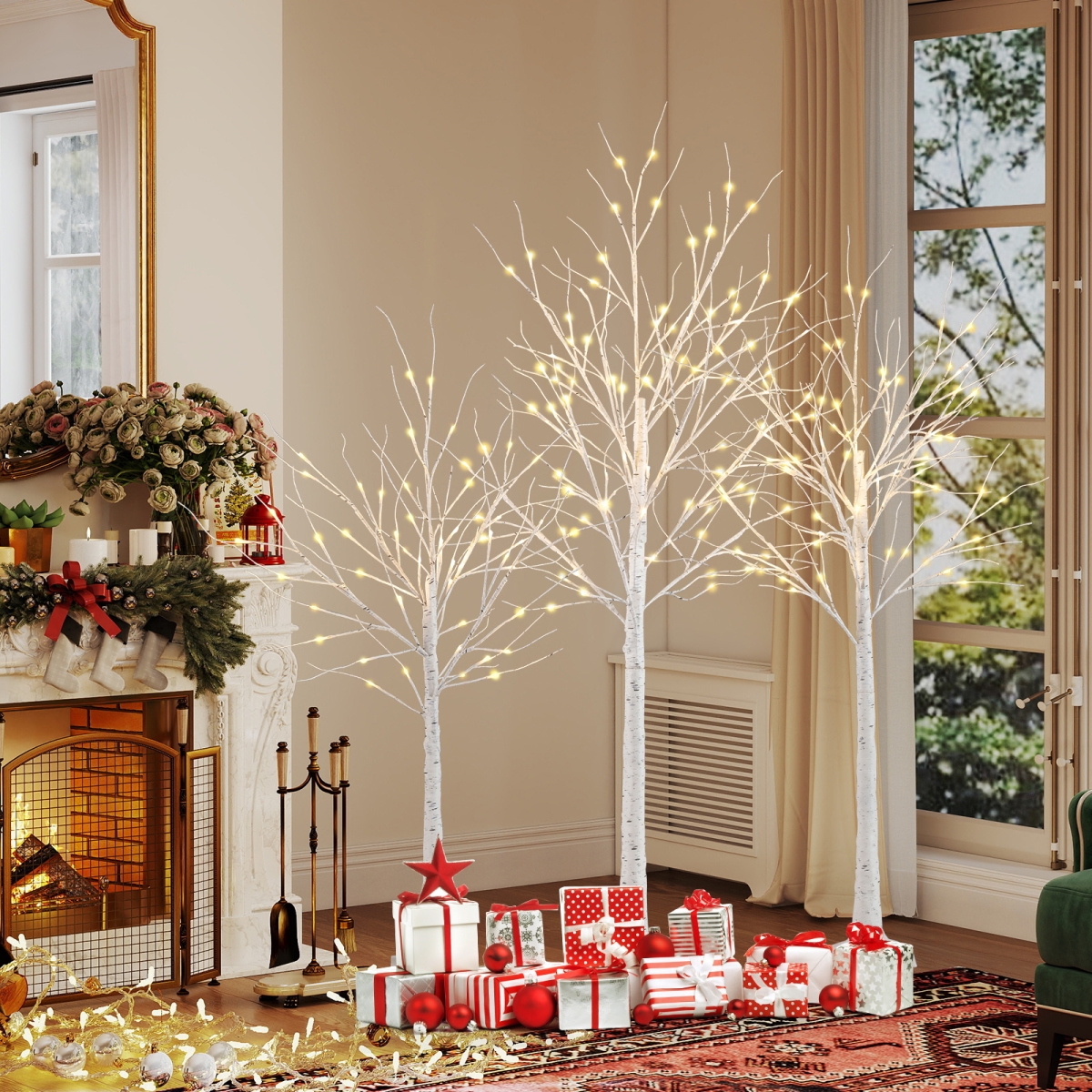 CM25177US 4, 5 & 6 ft. Lighted Birch Tree with Pre-Lit Artificial Christmas Tree for Holiday Party, White - Set of 3