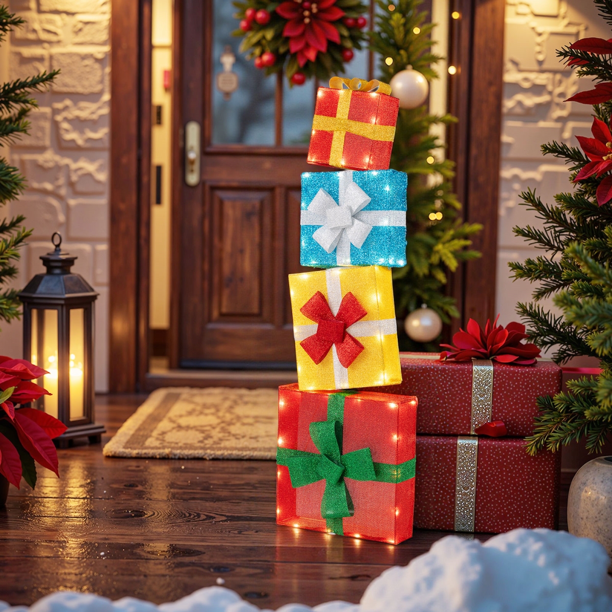 CM25230US Lighted Gift Boxes Christmas Decoration 2D Pre-Lit Stacked Xmas Gift Boxes, Multi Color - Set of 4