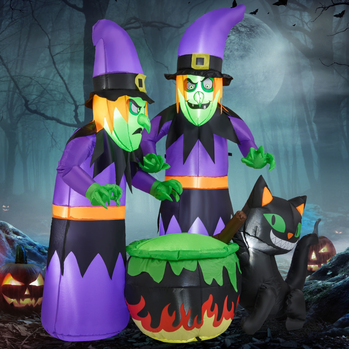CM25249US 6 ft. Inflatable Halloween Witches with Cauldron & Black Cat, Multi Color