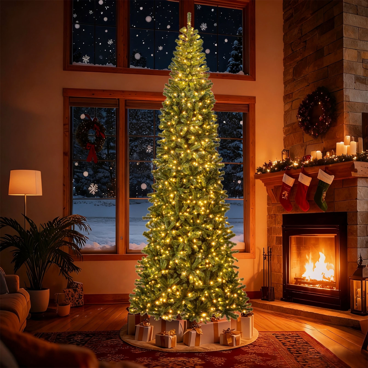 CM25282US- 12 ft. Tall Pre-Lit Hinged Artificial Christmas Tree with 2536 PVC Branch Tips, Green
