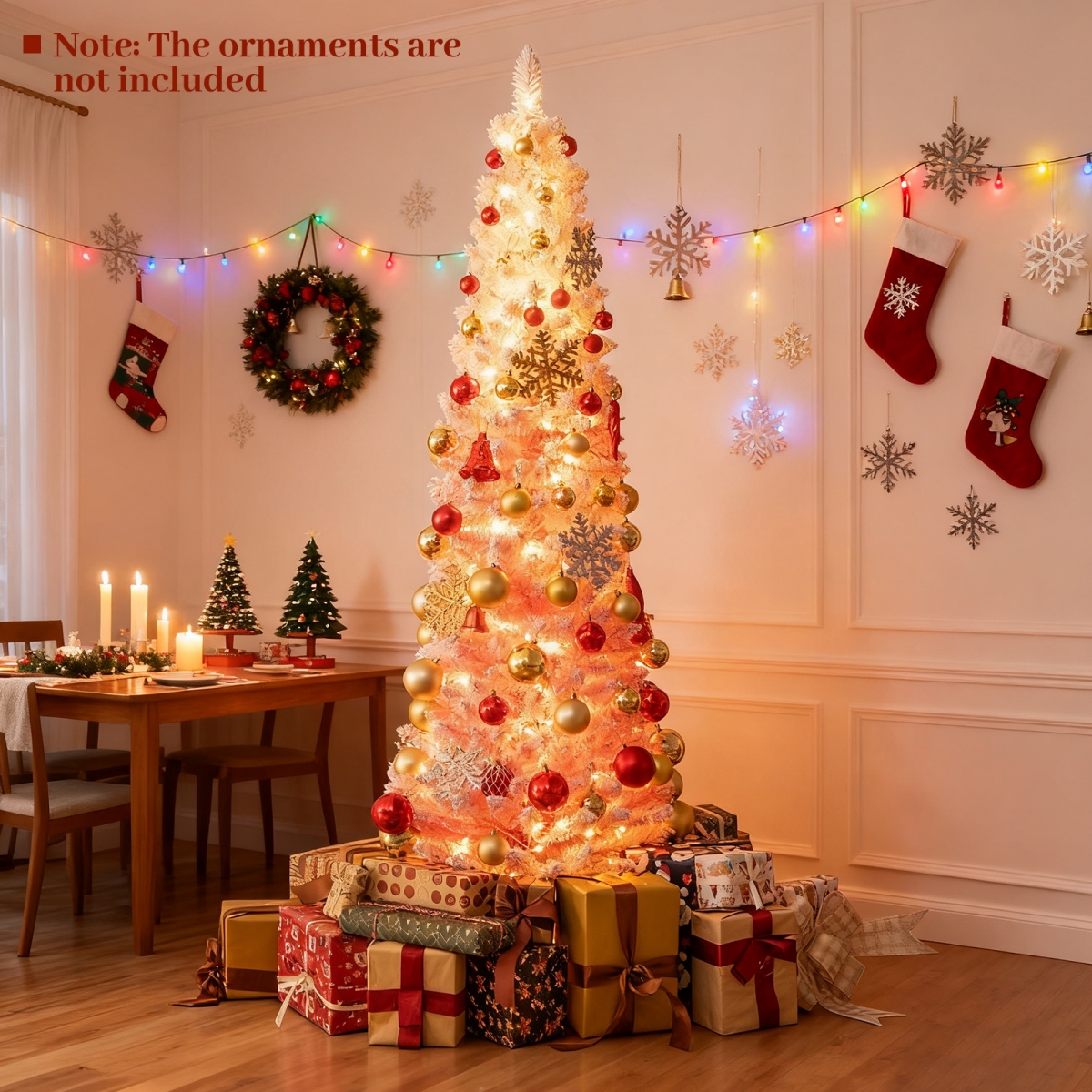 CM25186US-7 7 ft. Snow-Flocked Artificial Christmas Tree Pre-Lit Hinged Xmas Tree for Holiday Decoration, Pink