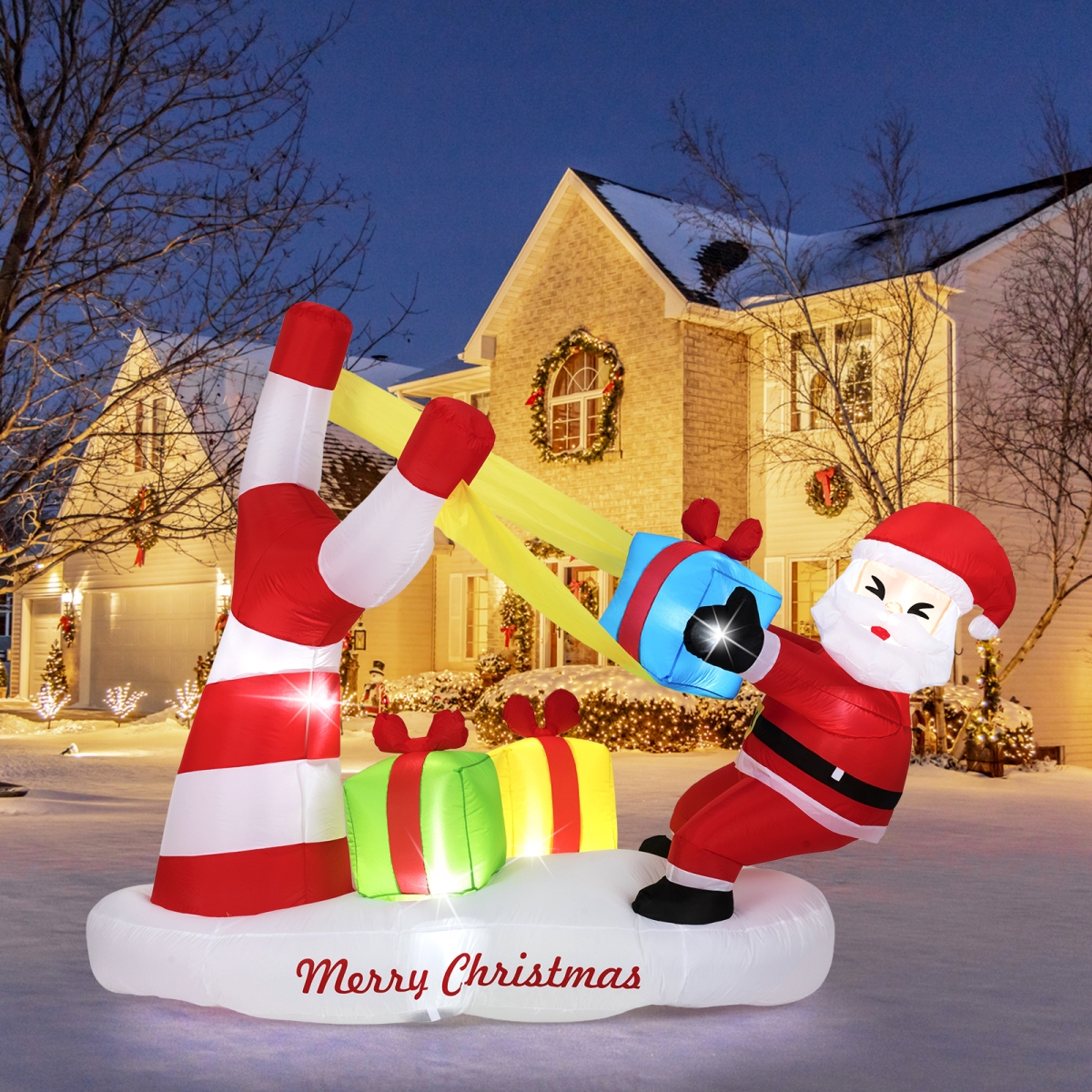 CM25257US 7 ft. Christmas Inflatables Santa with Slingshot & Built-in LED Lights Outdoor Decoration, Multi Color