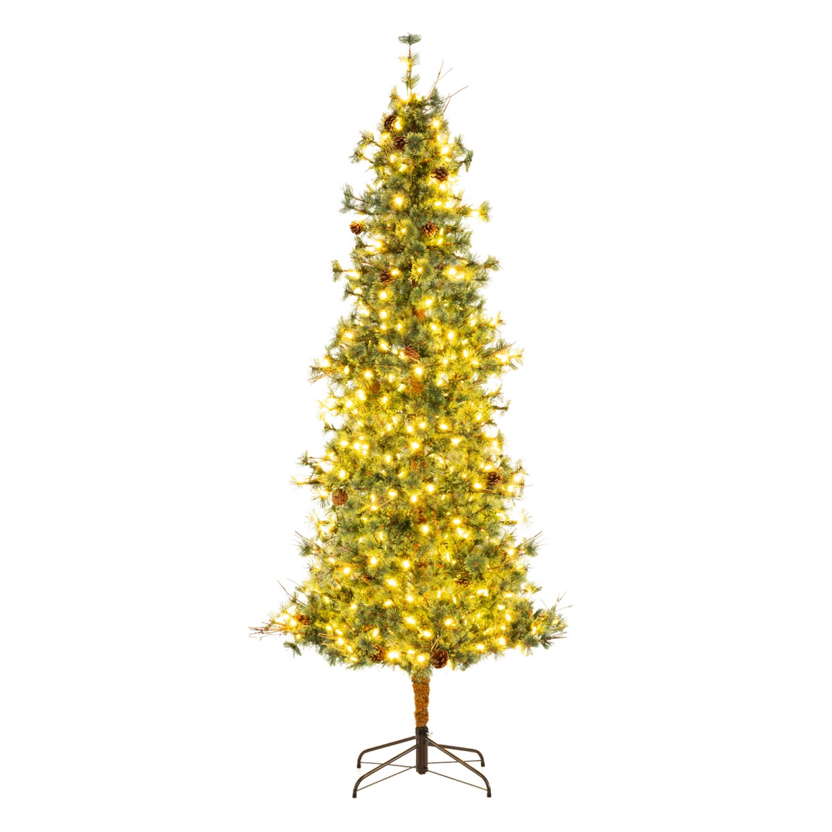 CM25277US-L 8 ft. Artificial Christmas Tree - Pre-Lit Hinged Xmas Tree with Warm White LED Lights & Pine Cones, Green