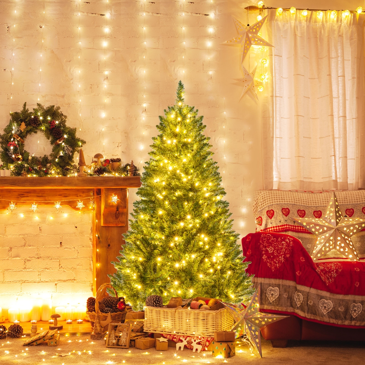 CM25513US-15 5 ft. Artificial Christmas Tree - Hinged Xmas Tree with 7 Lighting Modes, Green
