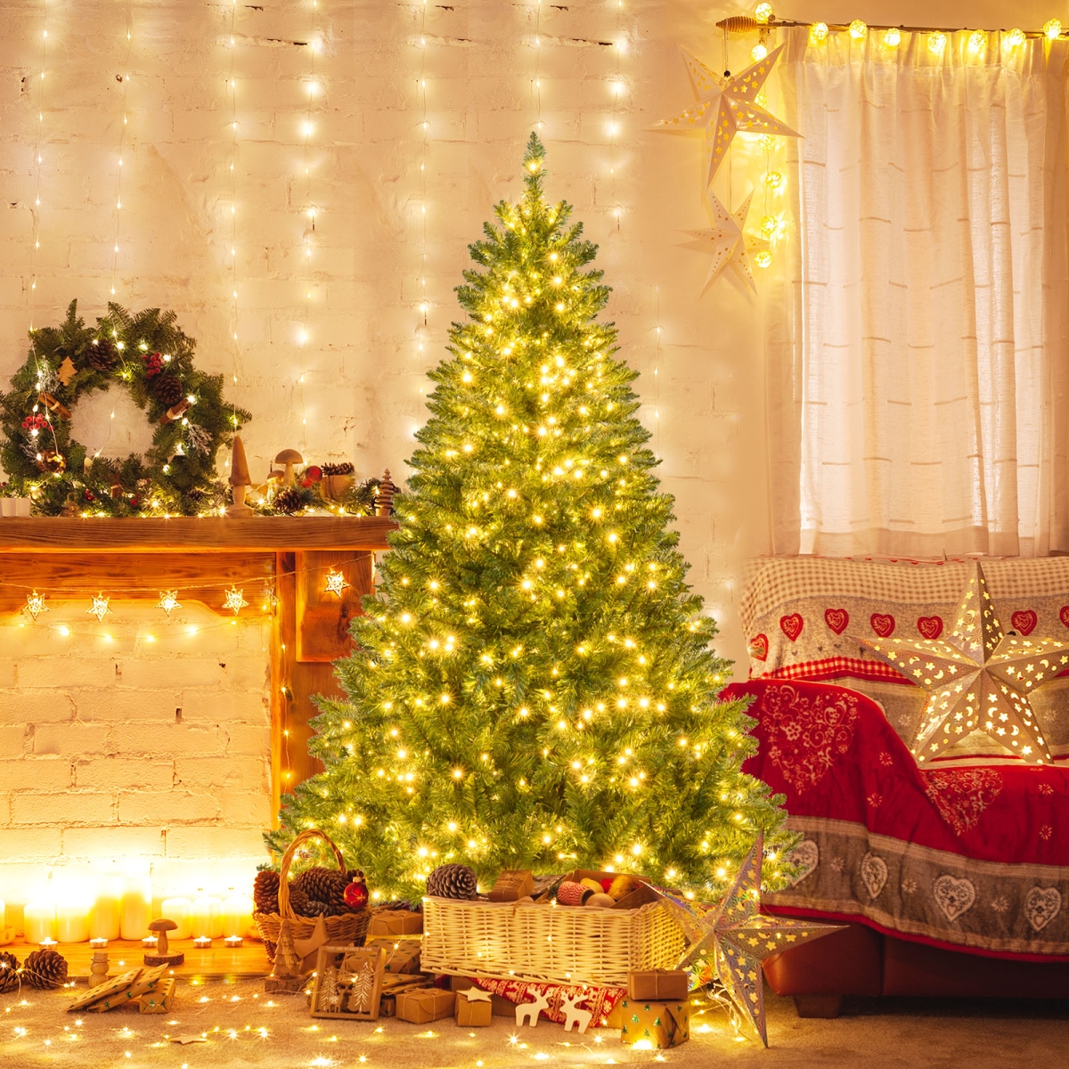 CM25513US-18 6 ft. Artificial Christmas Tree - Hinged Xmas Tree with 7 Lighting Modes, Green