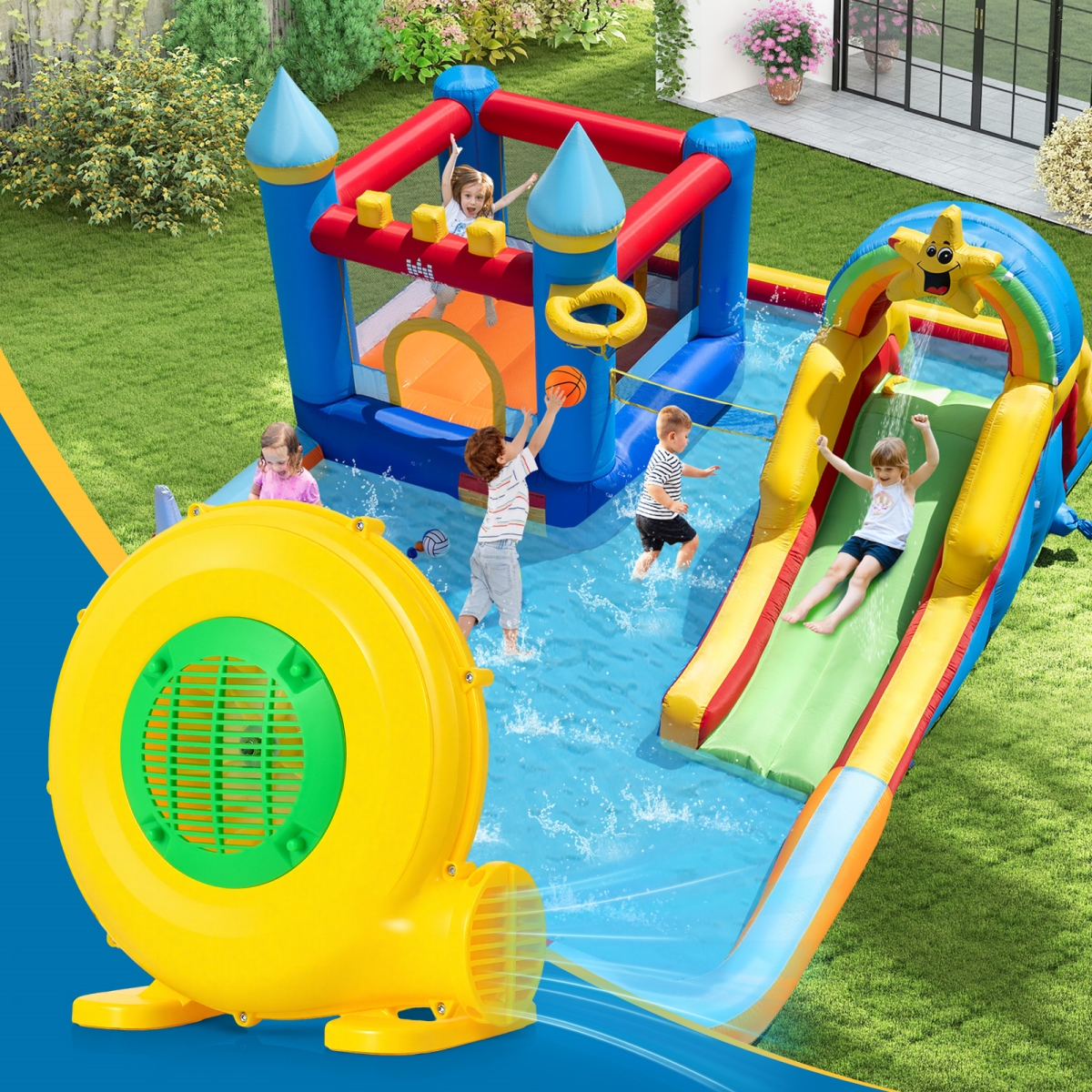 ES10565US 610W Bounce House Blower with Handle & Ground Stakes, Yellow & Green