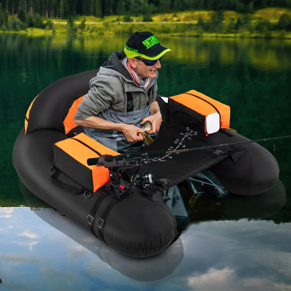 FT10014OR Inflatable Float Tube with Adjustable Fishing Rod Holder & Fish Hook Stator, Orange