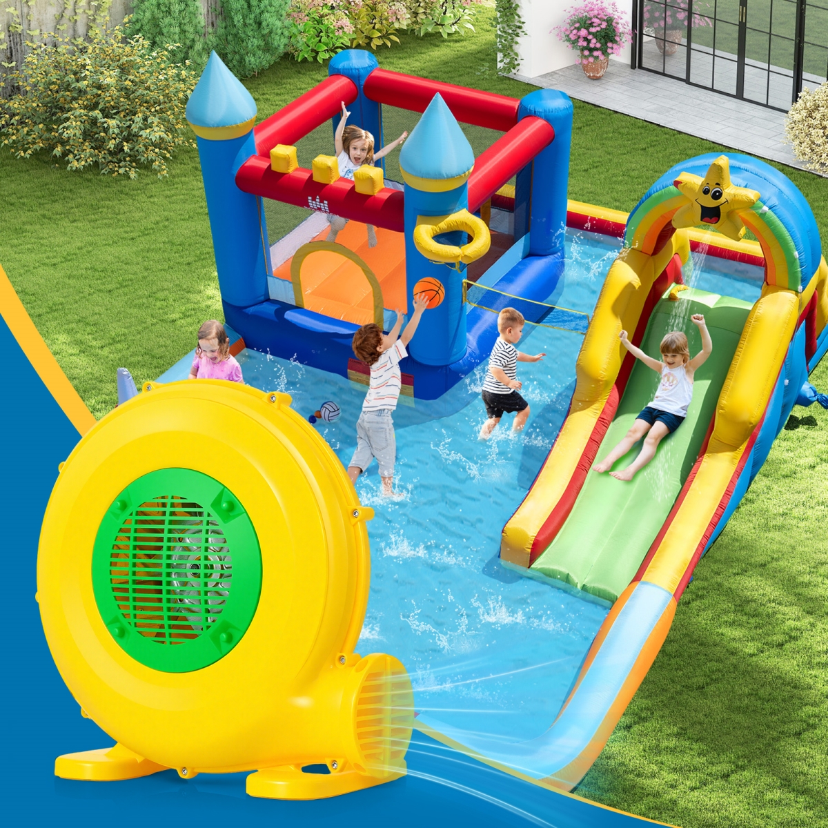 ES10564US 480W Bounce House Blower with Handle & Ground Stakes, Yellow & Green
