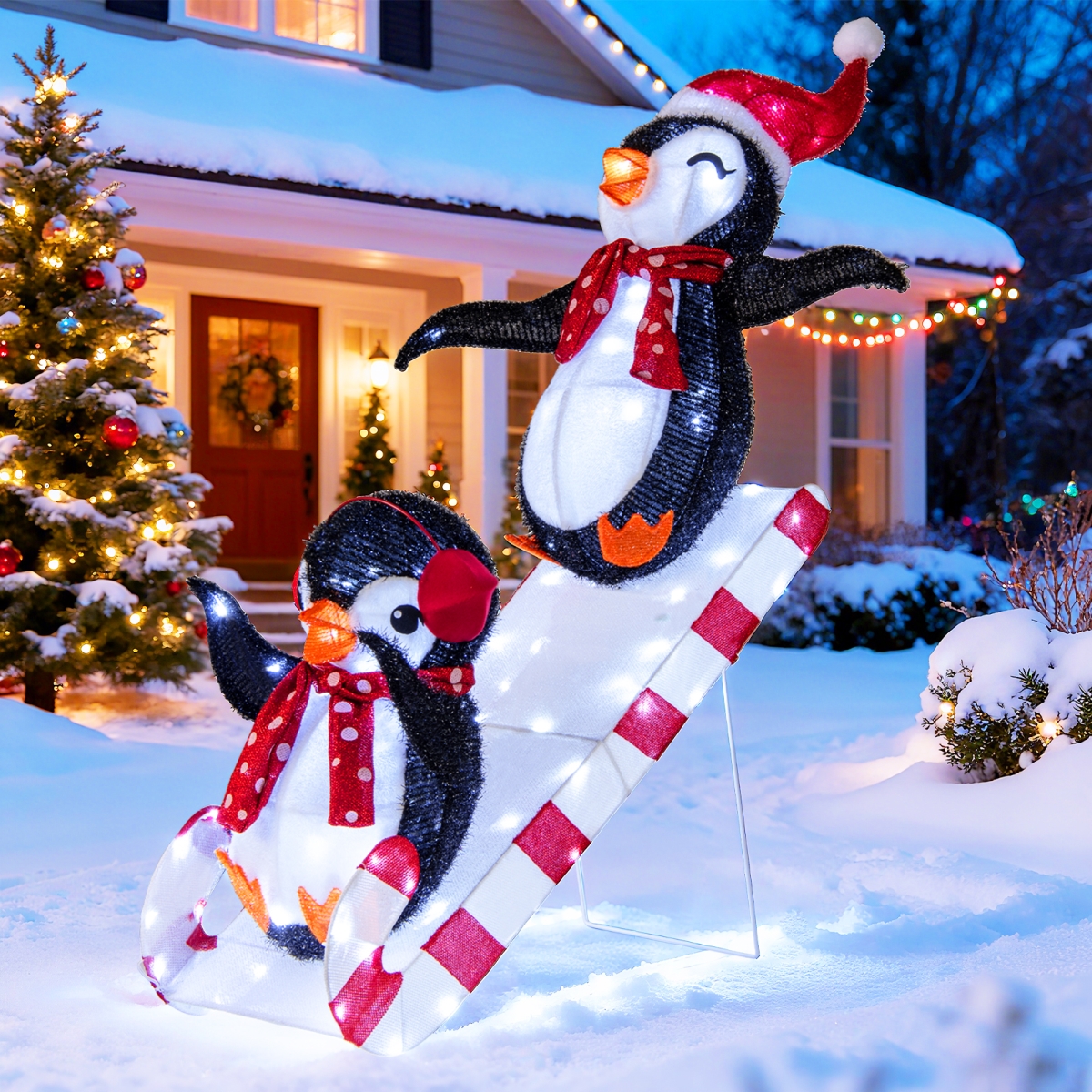 CM25111US Lighted Christmas Decoration 3D Pre-Lit Penguins Slide with 170 LED Lights, Multi Color