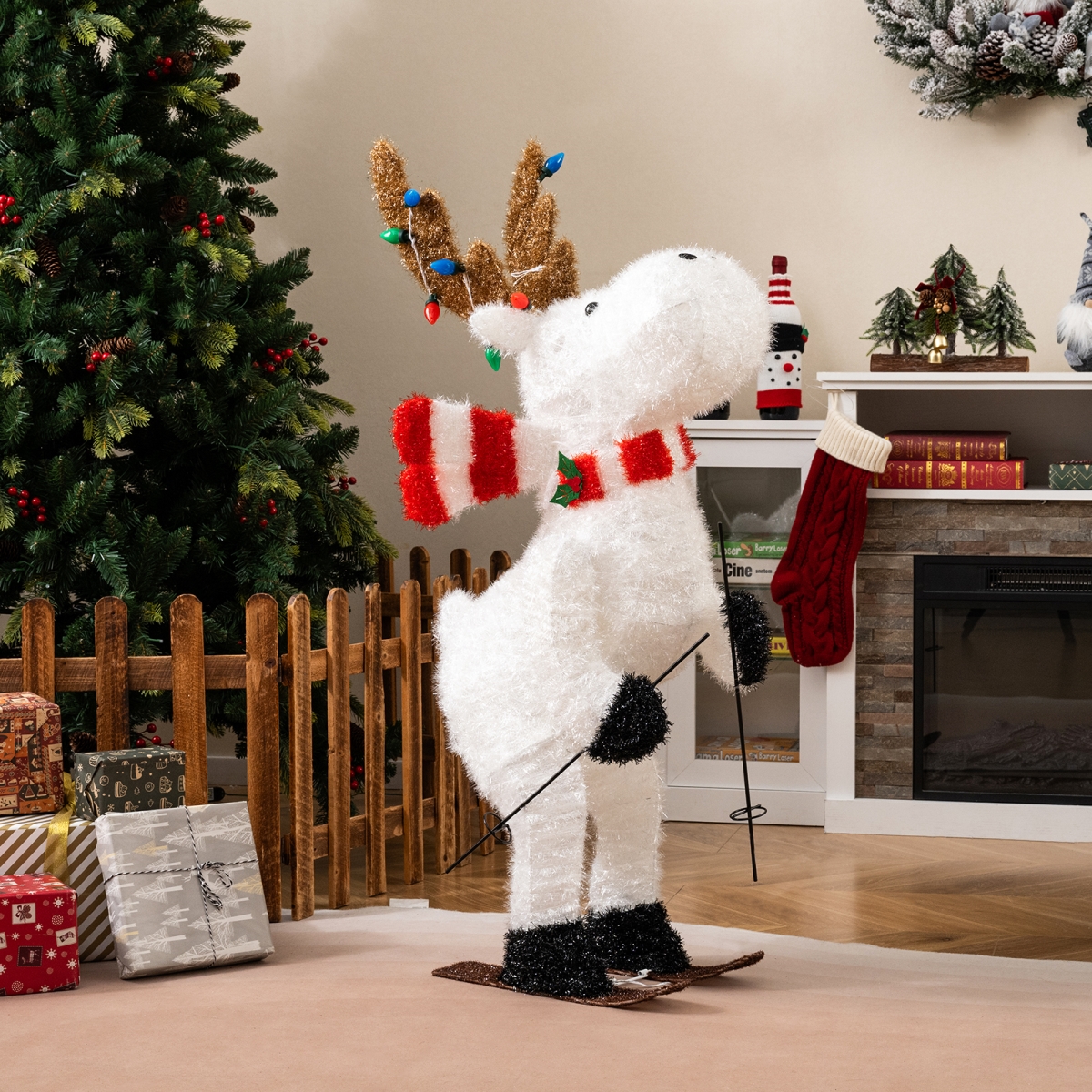 CM25122US 44 in. Animated Christmas Reindeer Pre-Lit Skiing Deer Decoration, Multi Color