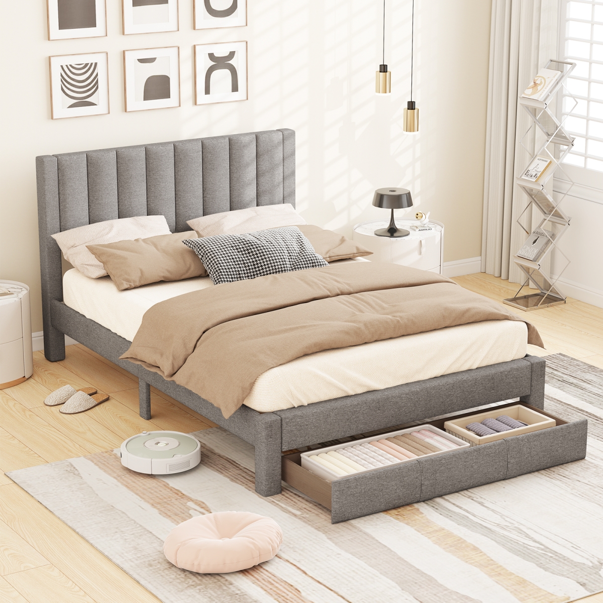 HU11285LR-Q Bed Frame with Storage Drawer & Vertical Channel Headboard, Gray - Queen Size
