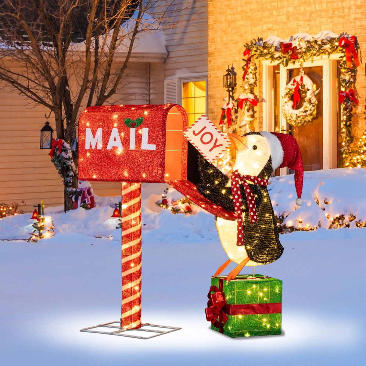 CM25113US Lighted Christmas Mailbox with Penguin, 3D Pre-Lit Holiday Yard & Indoor Xmas Decorative Display, Multi Color