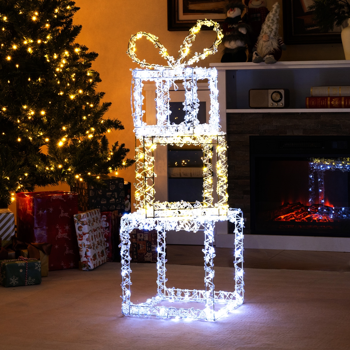 CM25131US Stacked Lighted Gift Boxes - Pre-Lit Christmas Present Box Lights, Multi Color - Set of 3