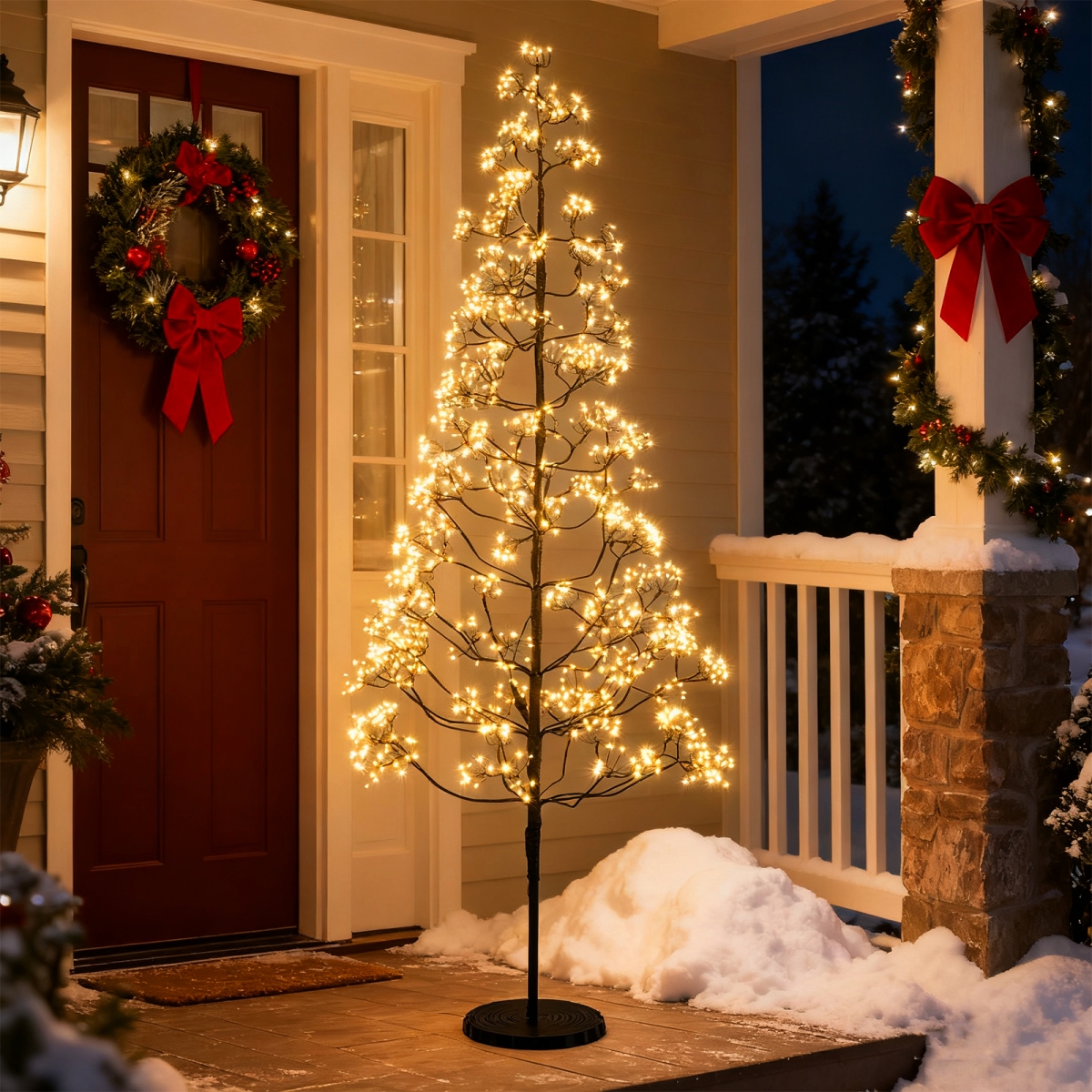 CM25142US-L 6 ft. Lighted Alpine Tree with Warm White Light LED Lights Pre-Lit Artificial Cedar Tree with Weighted Base, Black