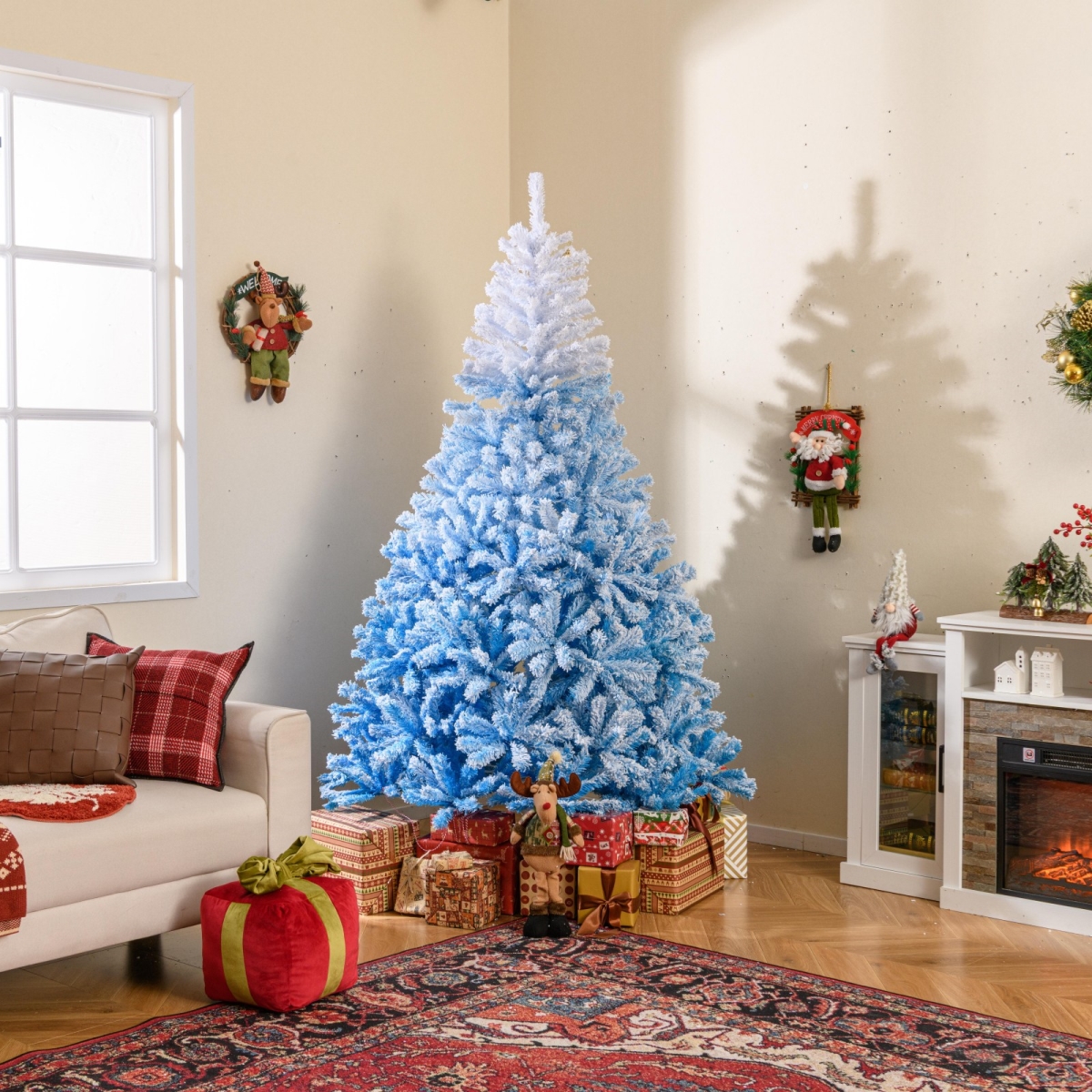 CM25171BL-8 8 ft. 2025 Artificial Christmas Tree with 456 Branch Tips & Folding Metal Stand, White & Blue