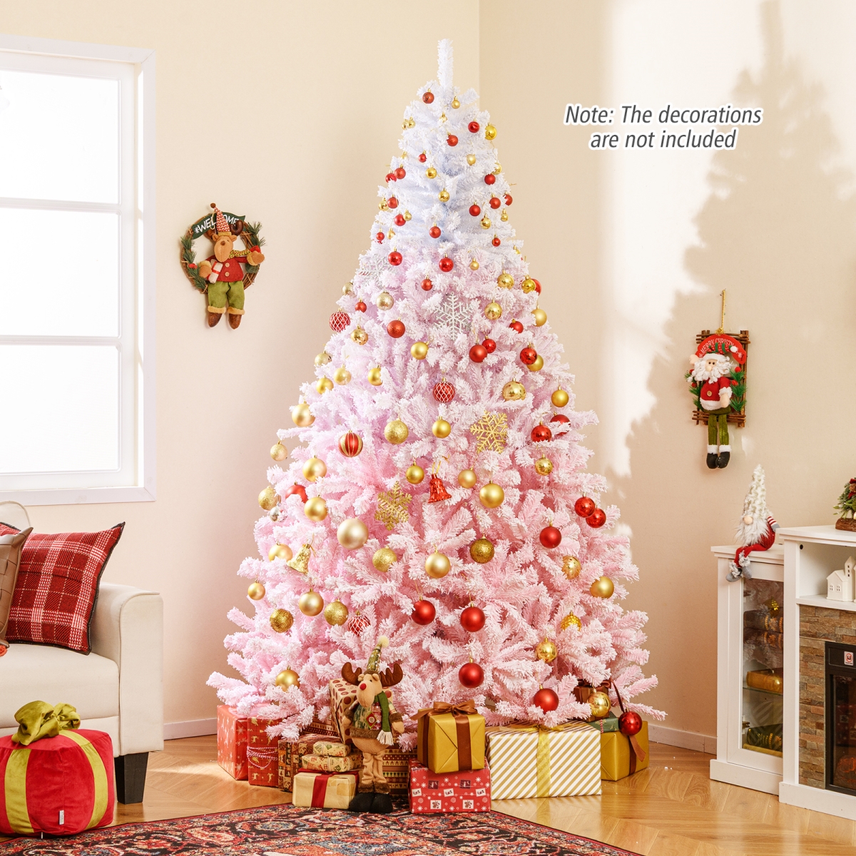 CM25171PI-8 8 ft. 2025 Artificial Christmas Tree with Folding Metal Stand & 456 Branch Tips, White & Pink