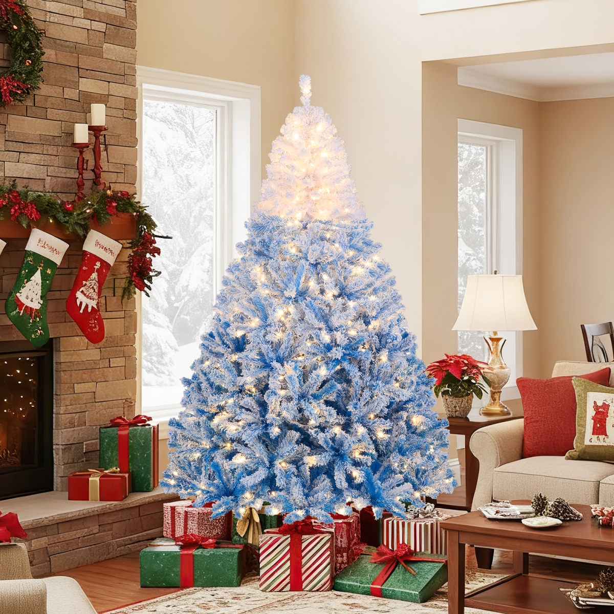 CM25171US-BL7 7 ft. Artificial Christmas Tree with Warm LED Lights & 8 Modes, White & Blue