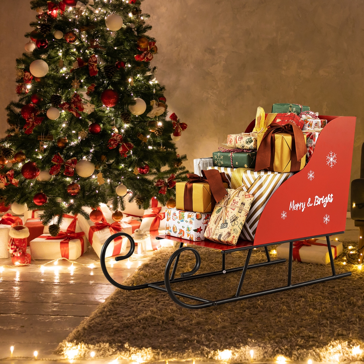 CM25143 Metal Christmas Santa Sleigh Basket - Festive Holiday Decor & Santas Gift Storage Display Sleigh, Red & Black