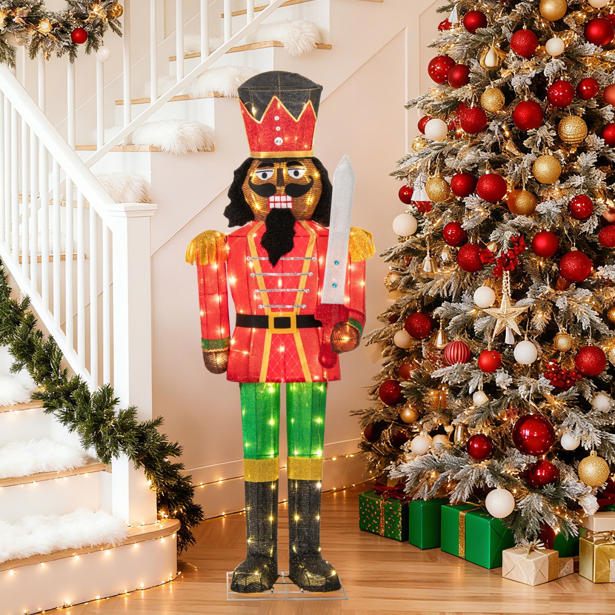 CM25180US 5 ft. Lighted Christmas Nutcracker with Glitter Sword for Outdoor, Multi Color