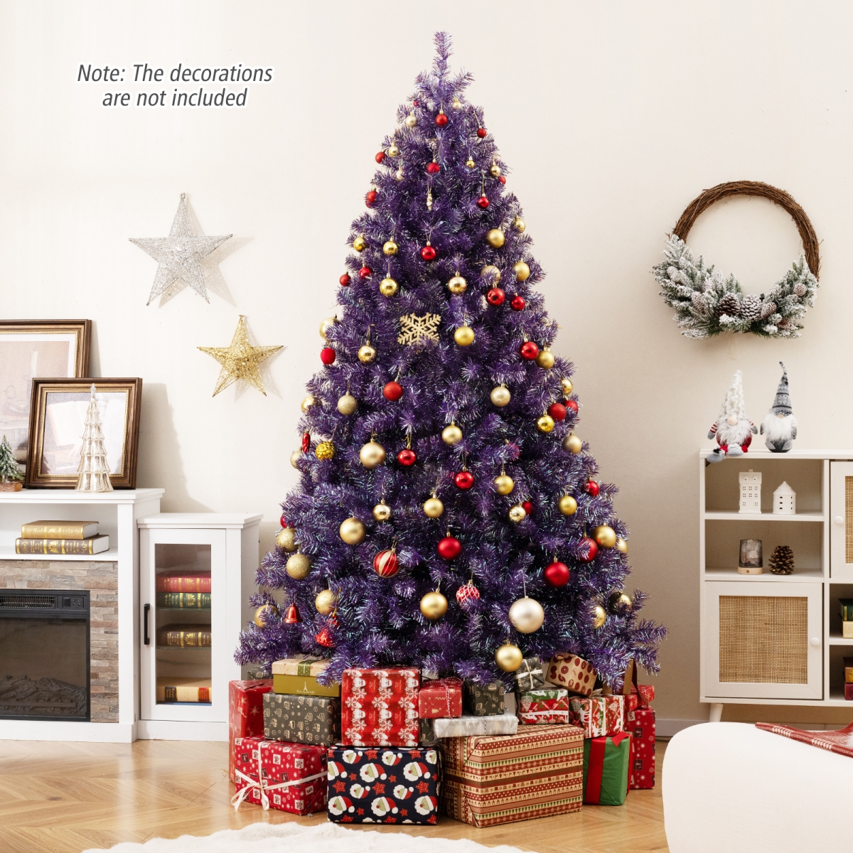 CM25183US-BUM Pre-Lit Tinsel Christmas Tree - Artificial Xmas Tree with Lush Branch Tips & Warm White LED Lights, Deep Purple - Medium