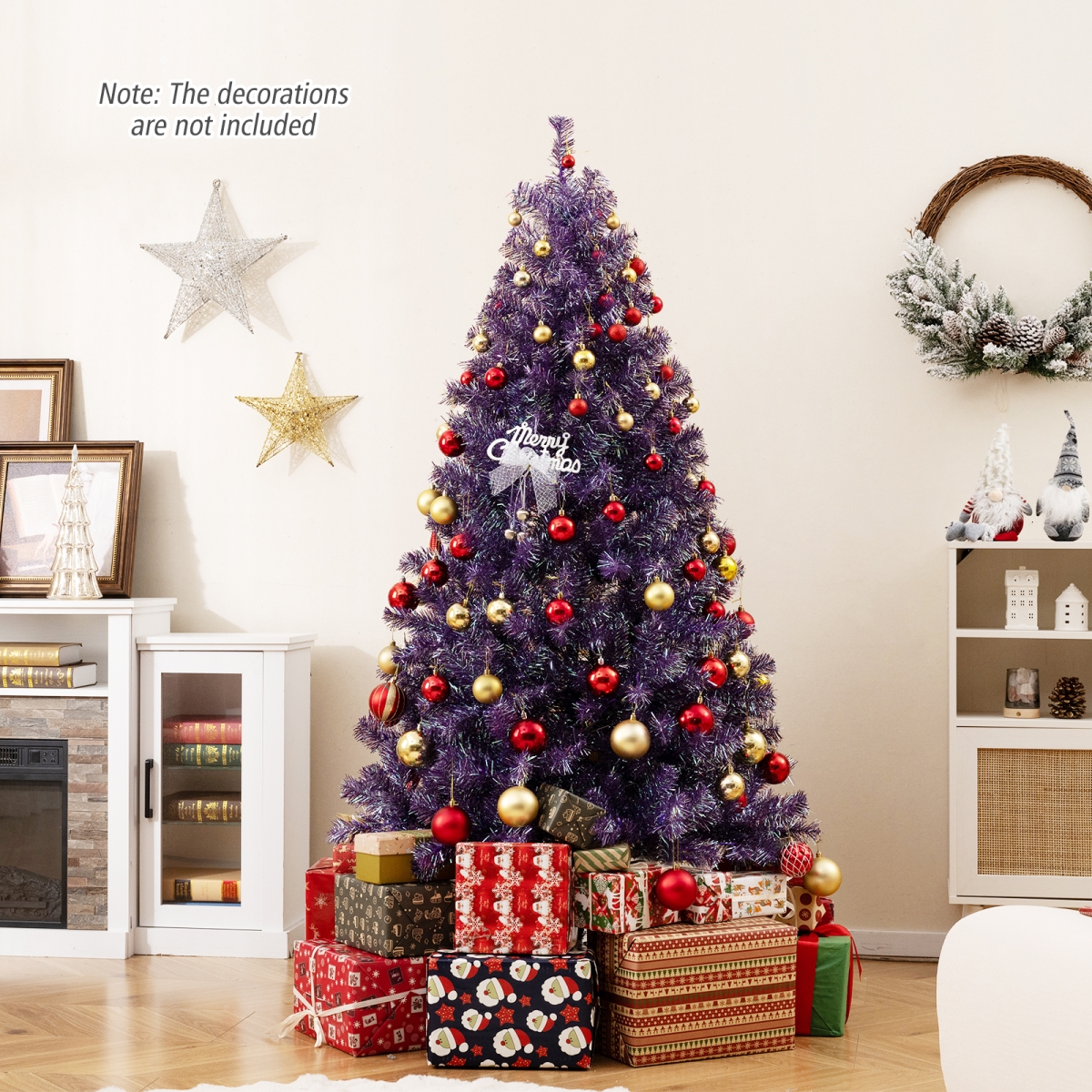 CM25183US-BUS Pre-Lit Tinsel Christmas Tree - Artificial Xmas Tree with Lush Branch Tips & Warm White LED Lights, Deep Purple - Small