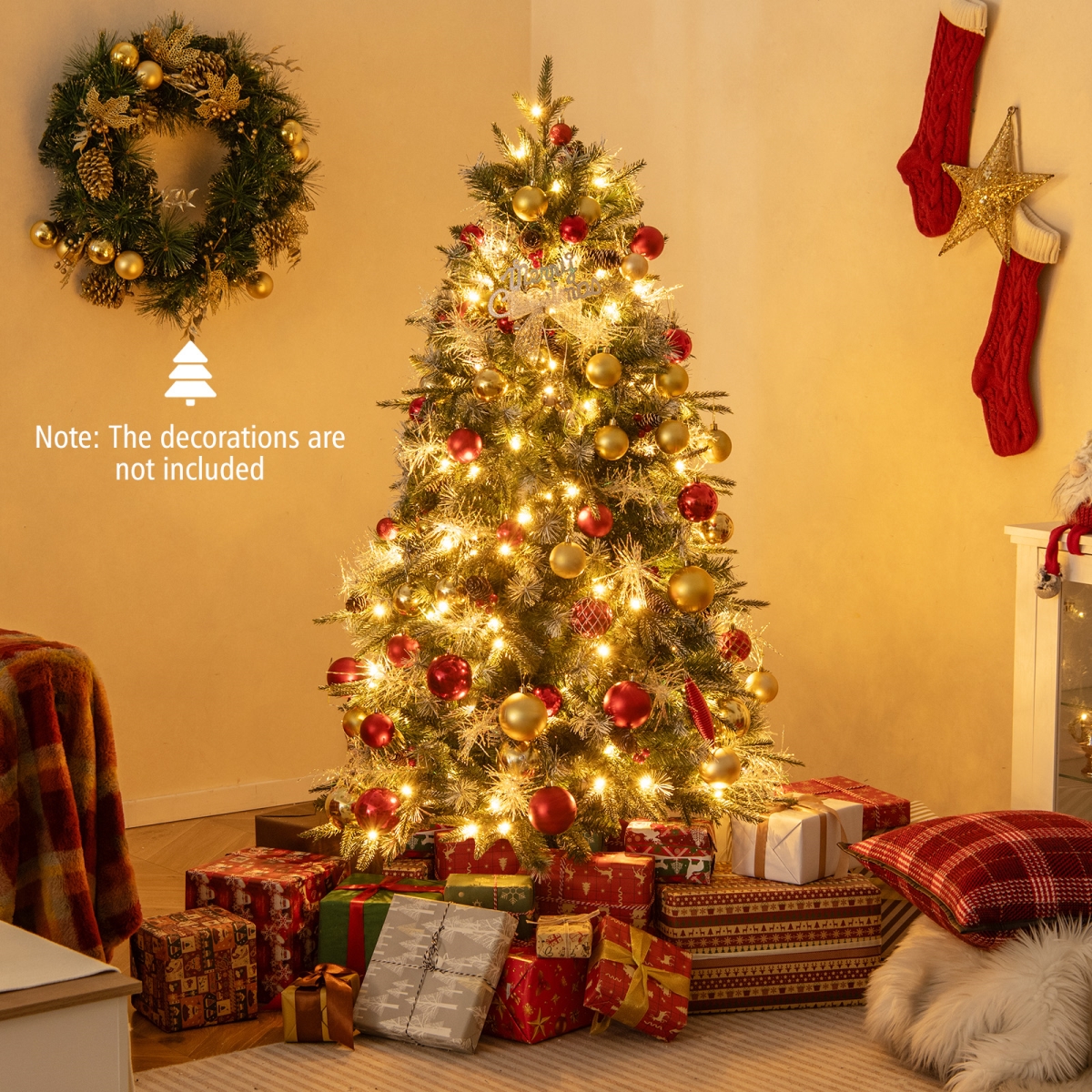 CM25185US-5 5 ft. Pre-Lit Artificial Christmas Tree with 8 Modes LED Lights with Berries, Green