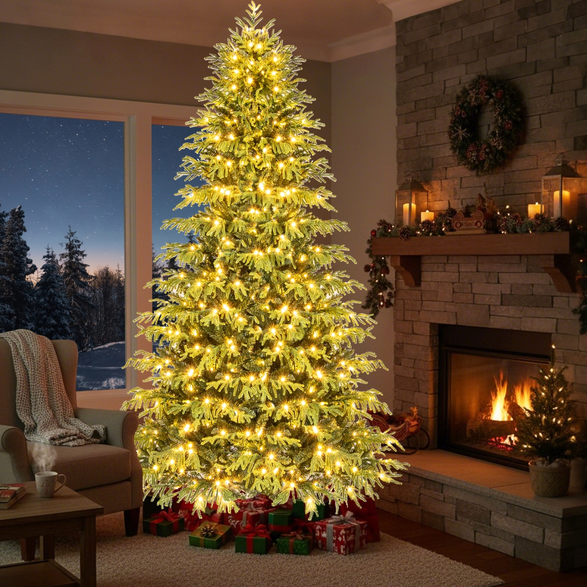 CM25203US-8 8 ft. Artificial Christmas Tree with LED Lights & PVC Mixed Branch Tips, Green