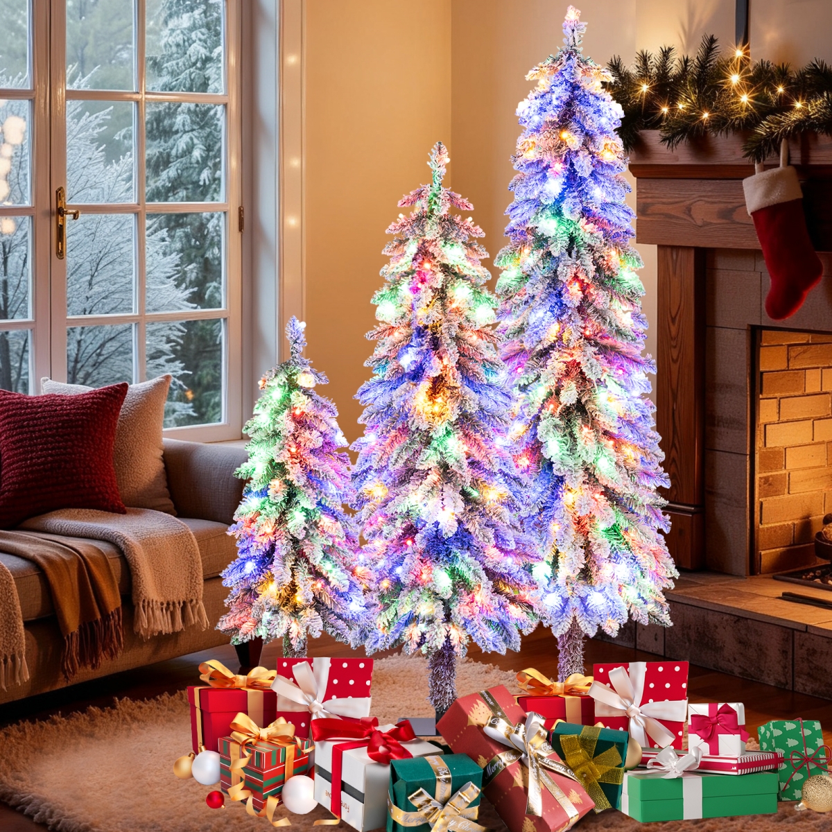 CM25269US Artificial Christmas Tree with Snow-Flocked Branch Tips, Green & White - Set of 3