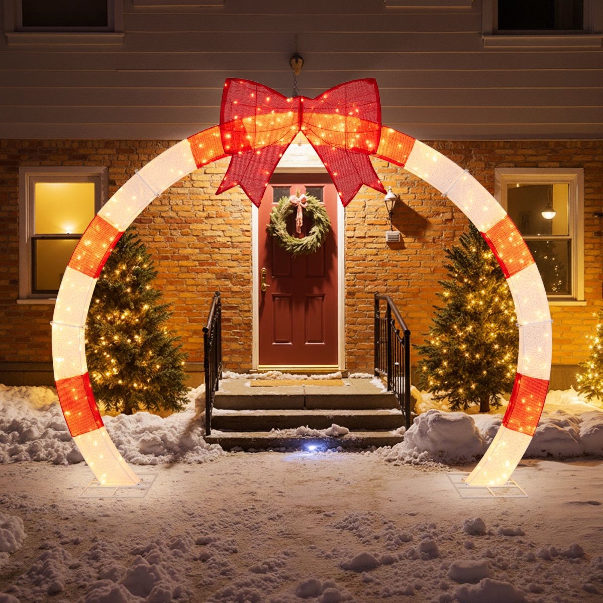 CM25138US 10.4 ft. Christmas Archway with Large Bow & LED Lights, Red & White
