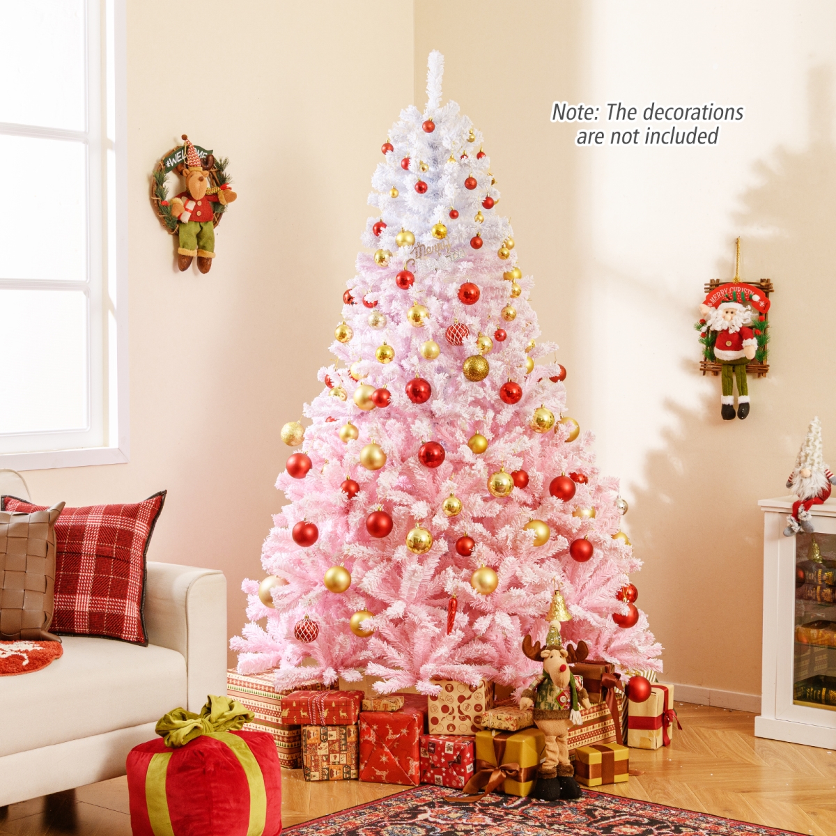 CM25171PI-7 7 ft. 2025 Artificial Christmas Tree with Folding Metal Stand & 456 Branch Tips, White & Pink