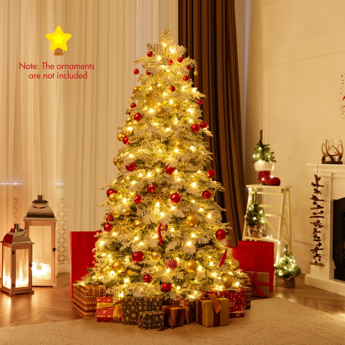 CM25198US-6 6 ft. Artificial Snow-Flocked Christmas Tree Pre-Lit Hinged Xmas Tree with 130 Twinkle Balls, Green & White