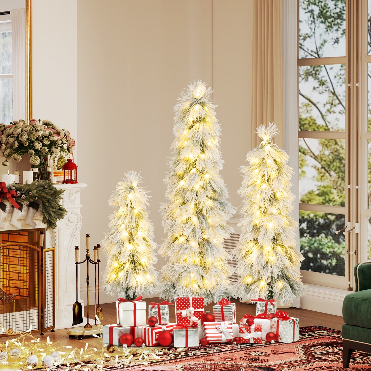 CM25268US Artificial Christmas Tree with Snow-Flocked Branch Tips & LED Lights, Green & White - Set of 3