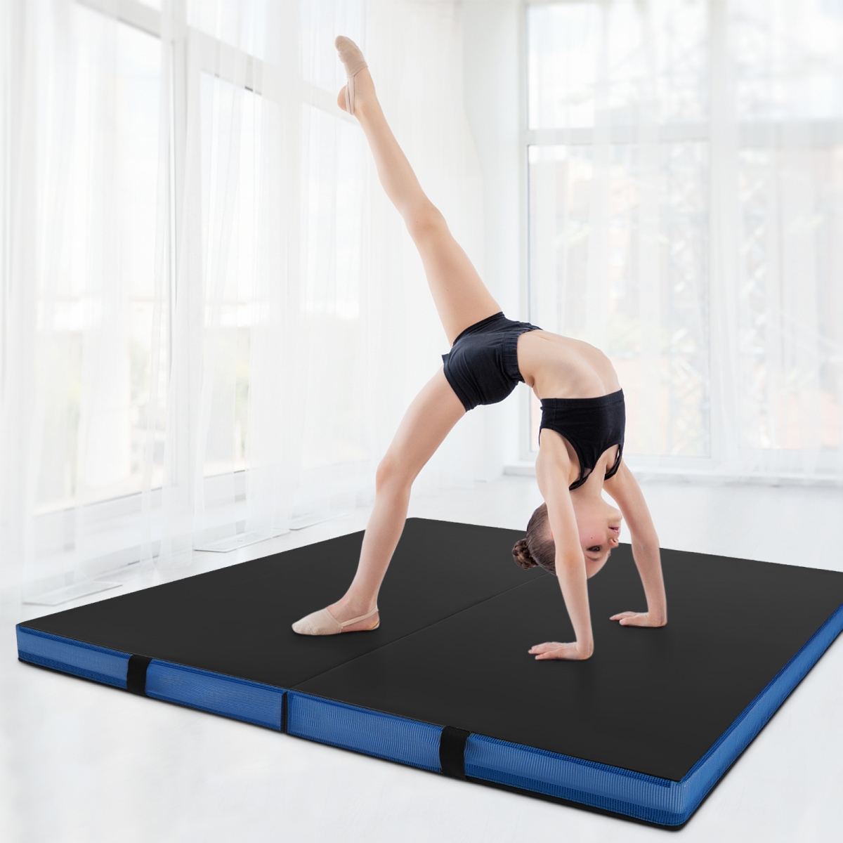 FH10162DK Bi-Fold Gymnastics Mat Thick Folding Exercise Mat with Carrying Handles, Black