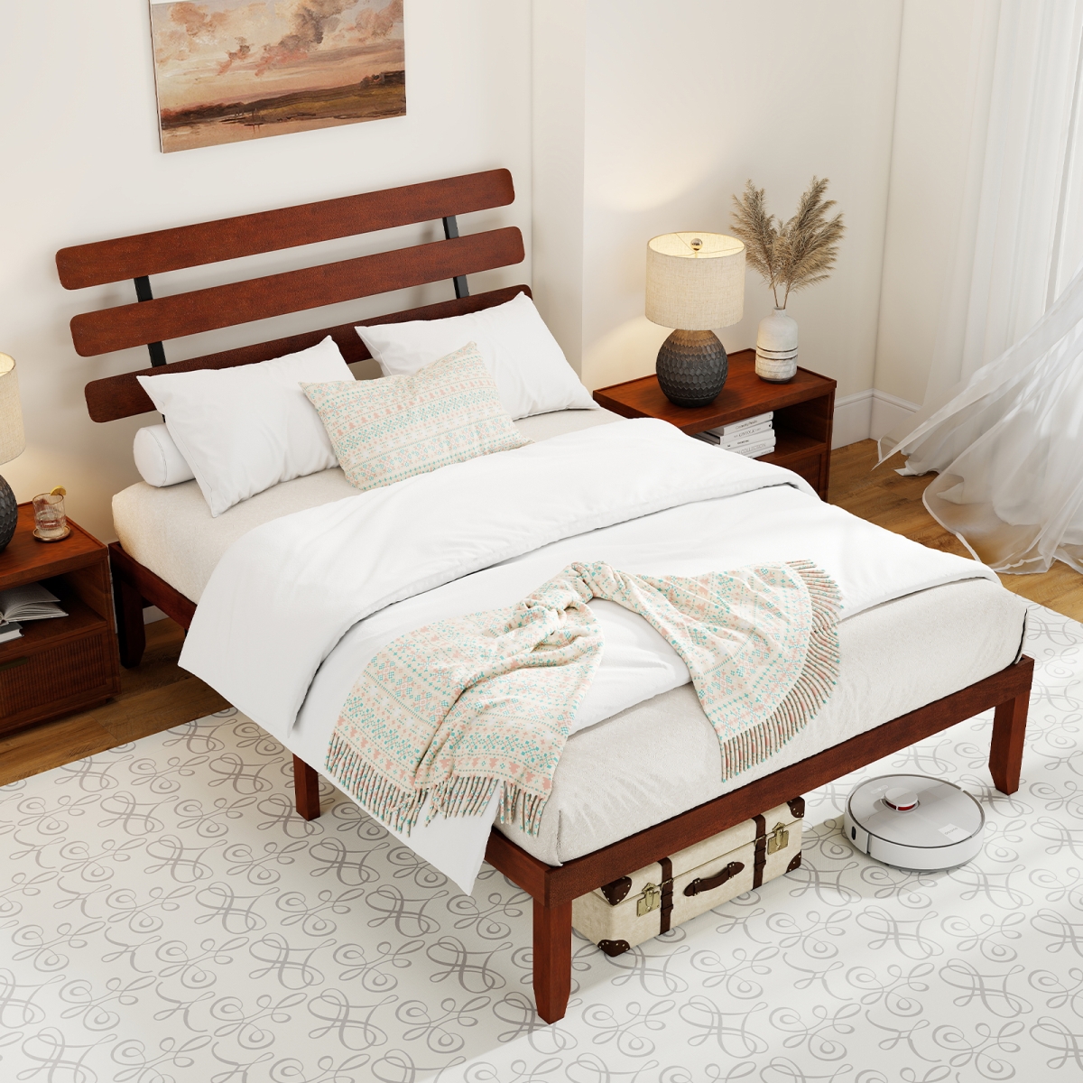 HU11013WN-Q 15.5 in. Bed Frame Solid Wood Platform Bed with Retro Headboard, Walnut - Queen Size