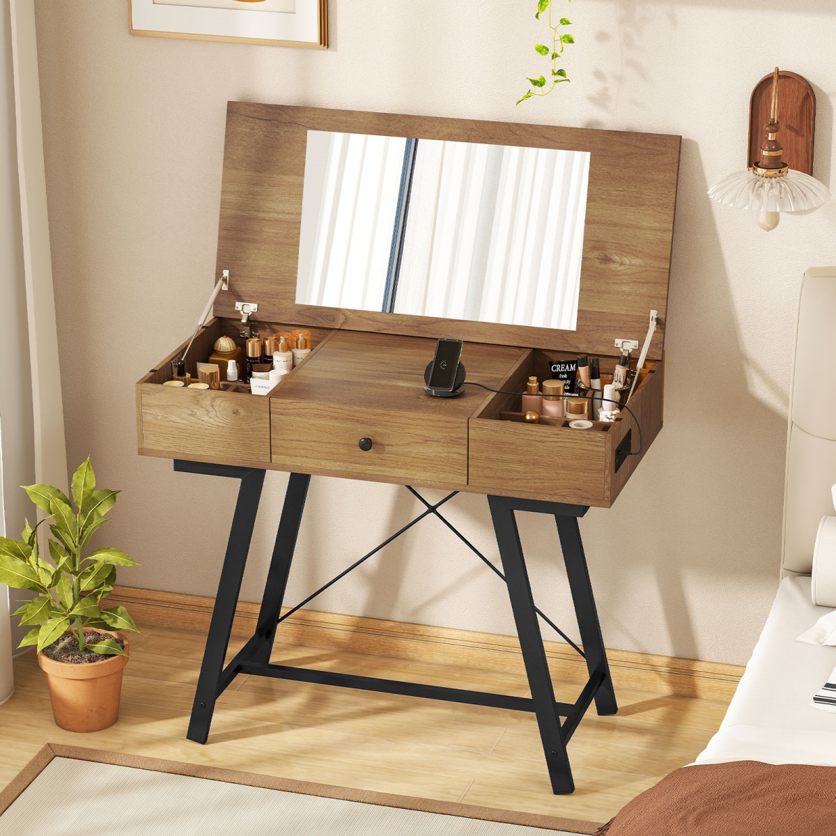 HU11071US-NA Vanity Desk with Flip Top Mirror Makeup Dressing Table, Rustic Brown