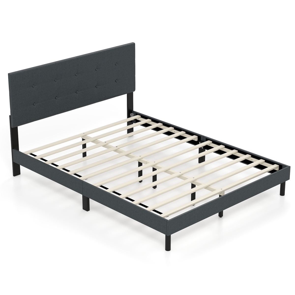 HU11139GR Upholstered Bed Frame Linen Platform Bed, Dark Gray - Queen Size