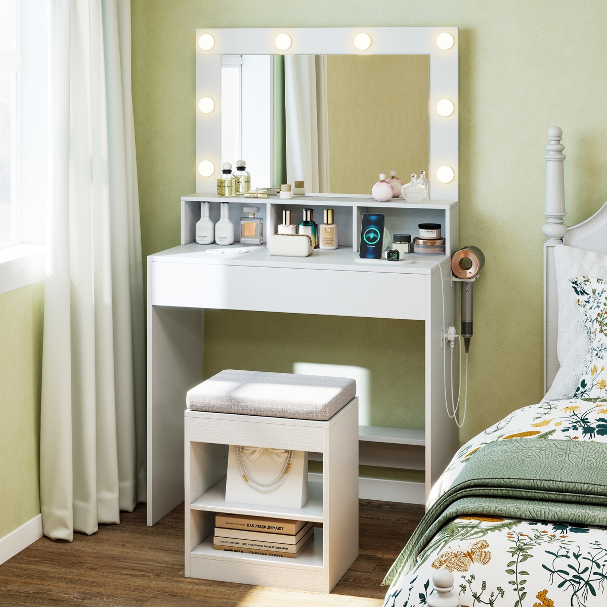 HU11176US-WH 31.5 in. Vanity Desk with 3 Lighting Modes & Storage Shelves, White