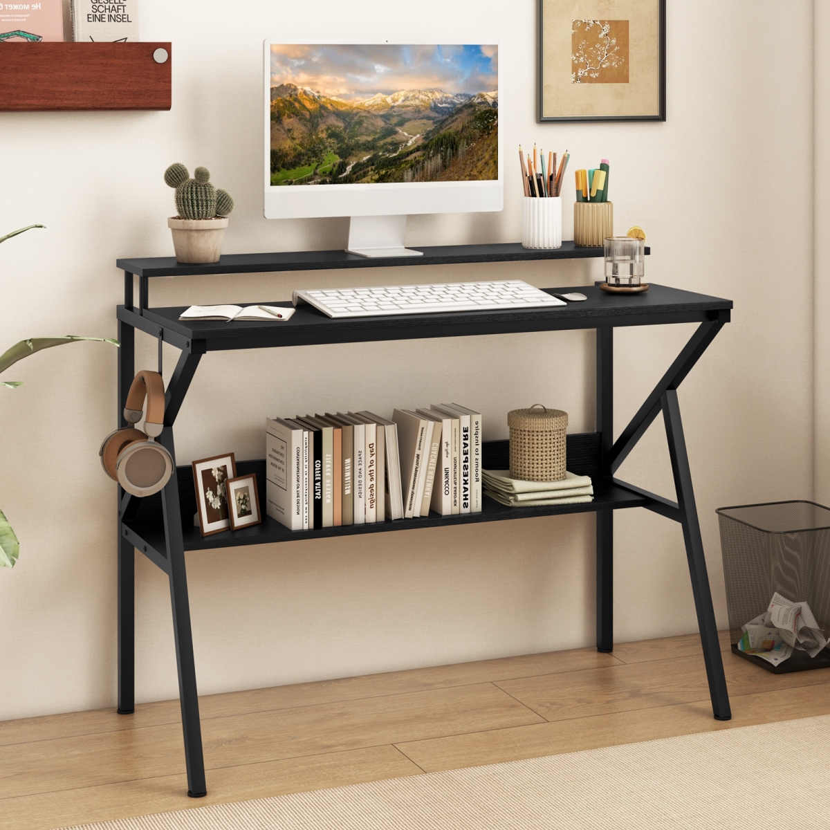 CB10771DK Space Saving Computer Desk with Monitor Stand & Extra Storage Shelf for Work Study, Black