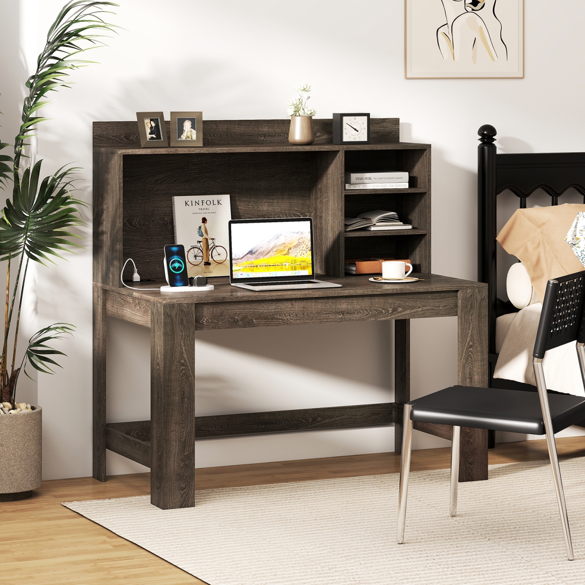 CB10779US-GR Modern Computer Desk with Hutch & Storage Shelves, Oak