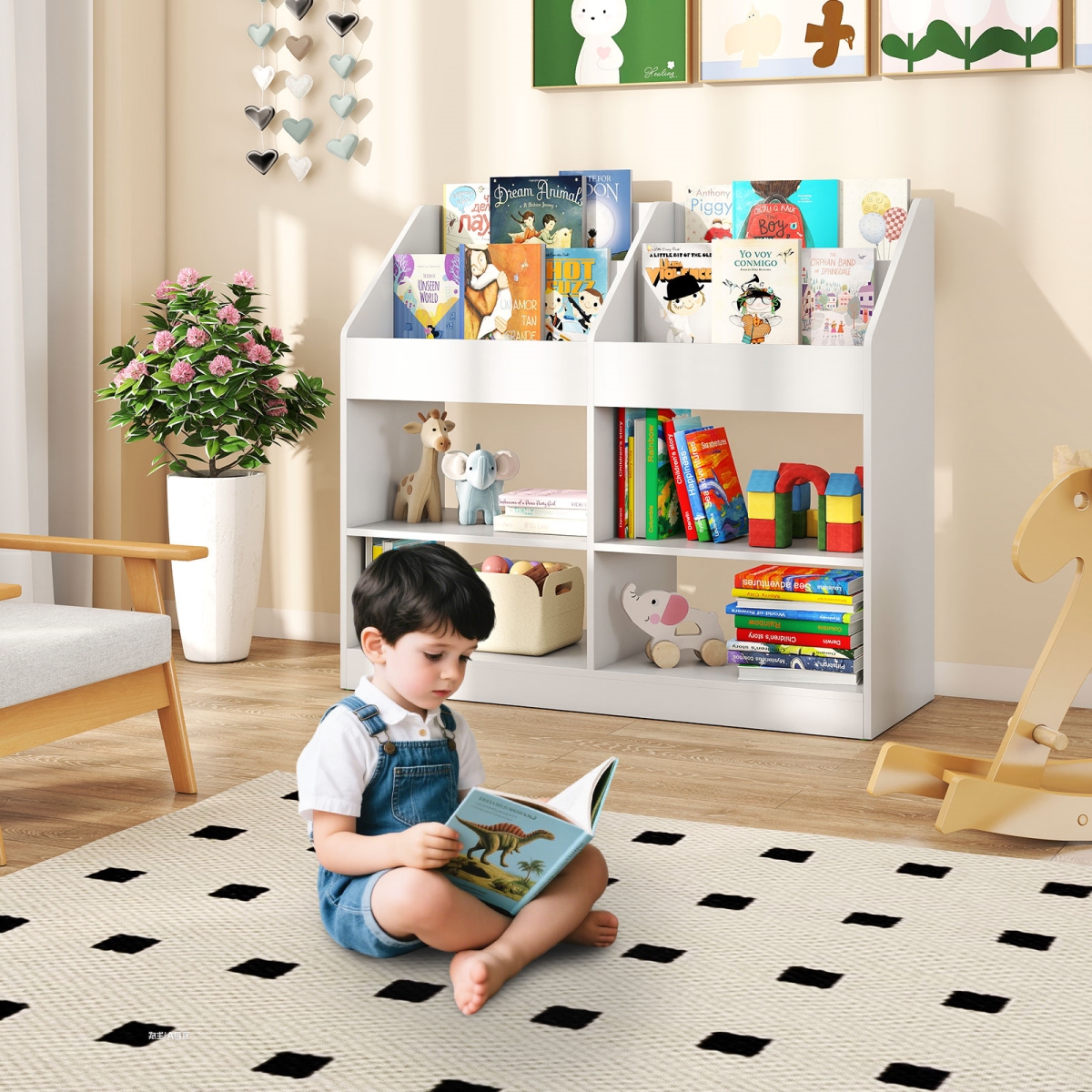 CB10994WH 3-Tier Kids Bookshelf Toy Storage Organizer with Display Rack & 4 Compartments, White