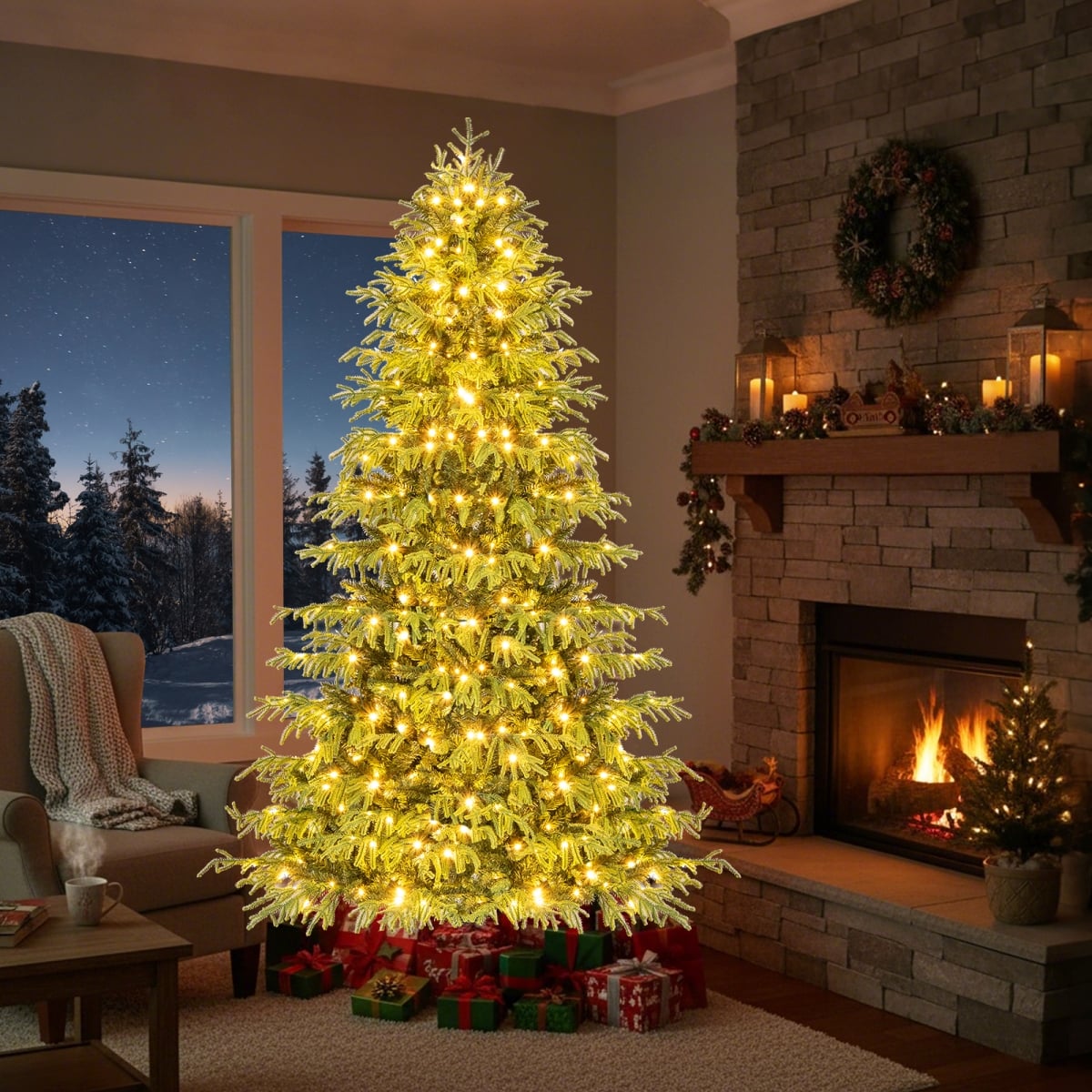 CM25203US-7 7 ft. Artificial Christmas Tree with LED Lights & PVC Mixed Branch Tips, Green