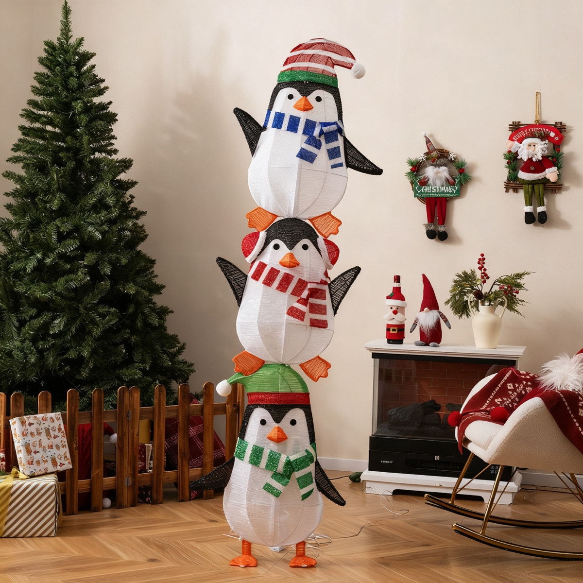 CM25233US Lighted Penguins Decoration with Warm White Lights & Cute Hats, Multi Color