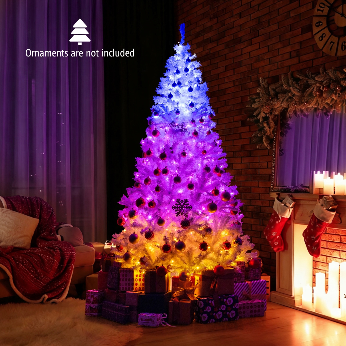 CM25262US-M 7 ft. Artificial Hinged Christmas Tree - Pre-Lit Xmas Tree with 11 Lighting Modes, White
